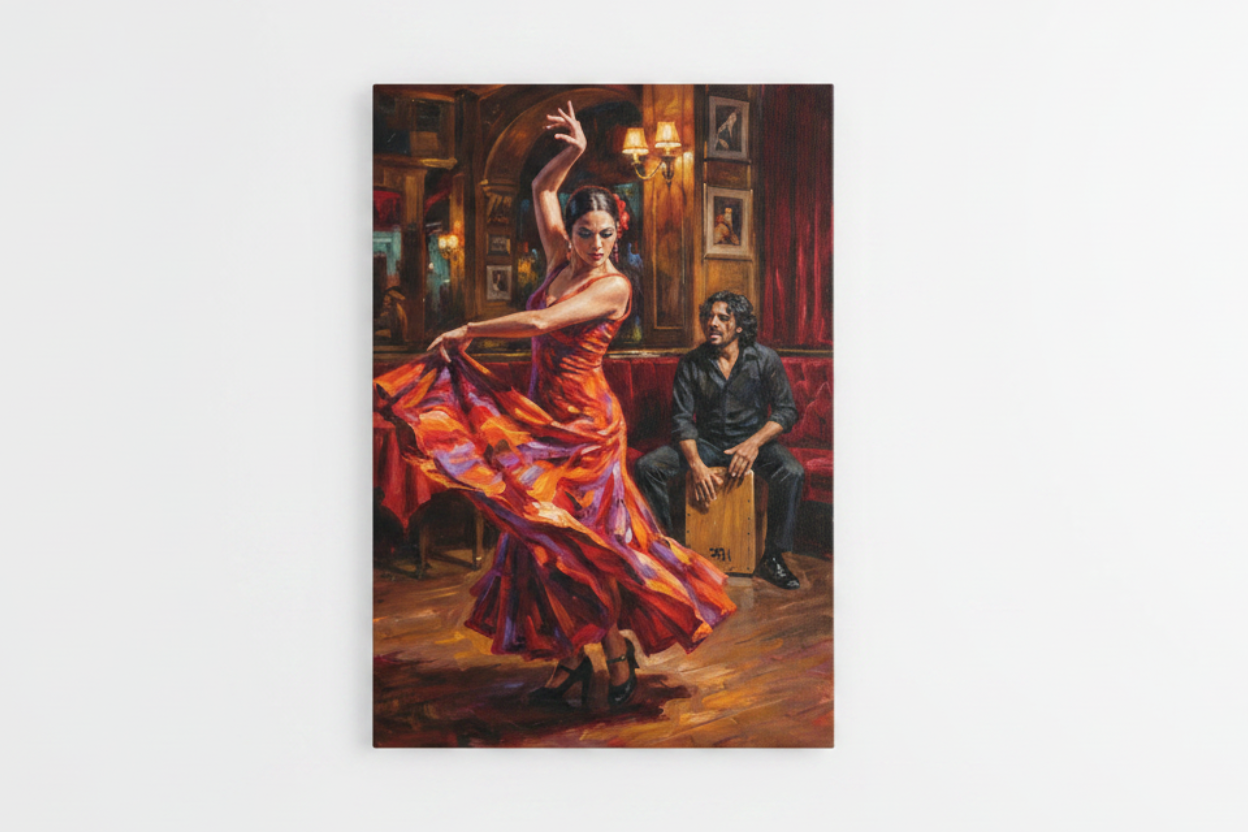 Flamenco dancer and cajón musician canvas wall art flat lay on white background - Portugal Canvas Co