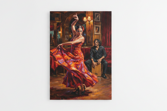 Flamenco dancer and cajón musician canvas wall art flat lay on white background - Portugal Canvas Co