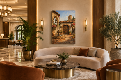 Mediterranean stone courtyard canvas wall art above a curved sofa in an upscale hotel lobby lounge - Portugal Canvas Co
