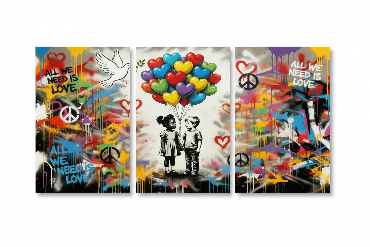 All We Need Is Love graffiti triptych canvas wall art three panels flat lay on white background - Portugal Canvas Co