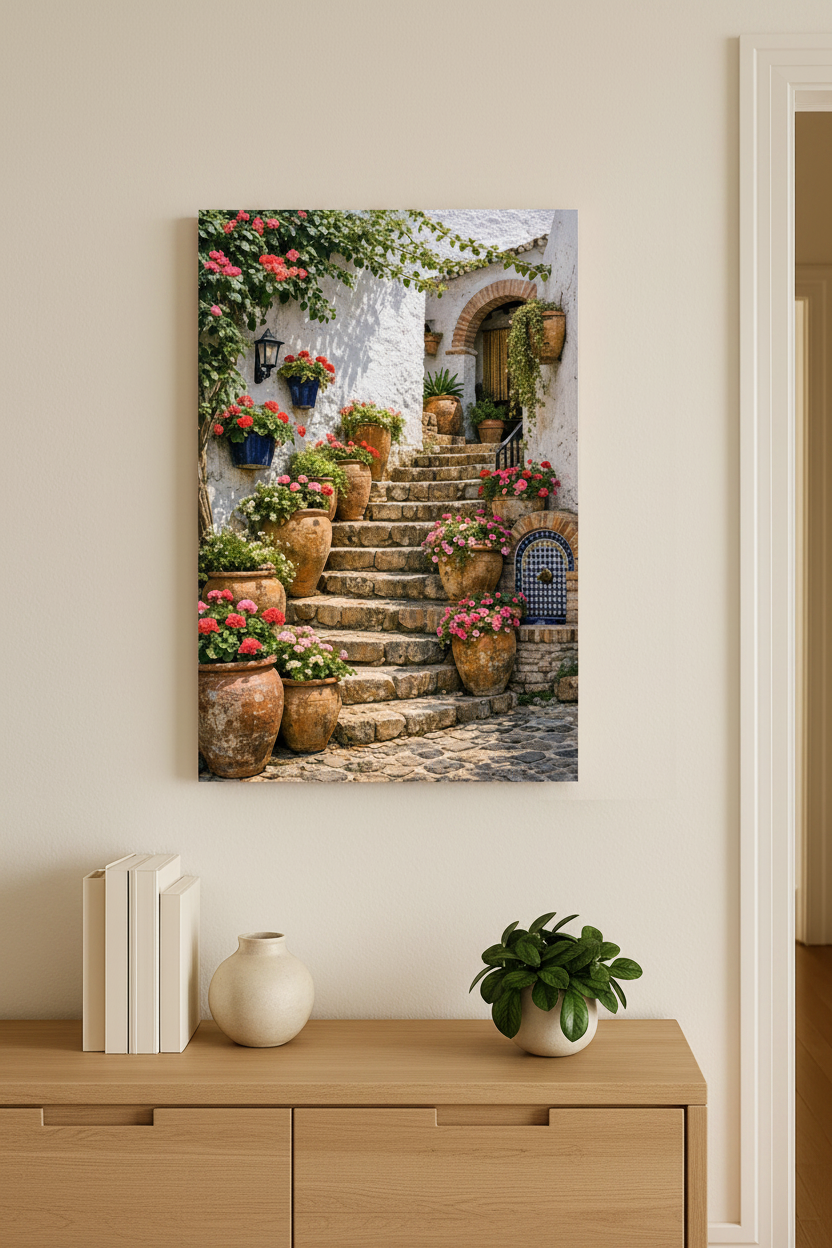 Mediterranean staircase canvas wall art with terracotta pots and pink geraniums hung above a light oak console table in a bright Mediterranean hallway - Portugal Canvas Co