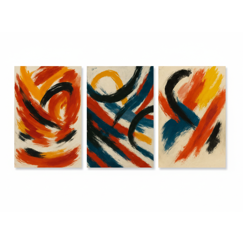 Modern abstract brushstroke triptych canvas wall art three panels floating on white background in red orange teal blue and black on cream - Portugal Canvas Co