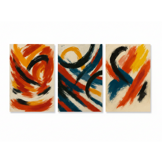 Modern abstract brushstroke triptych canvas wall art three panels floating on white background in red orange teal blue and black on cream - Portugal Canvas Co