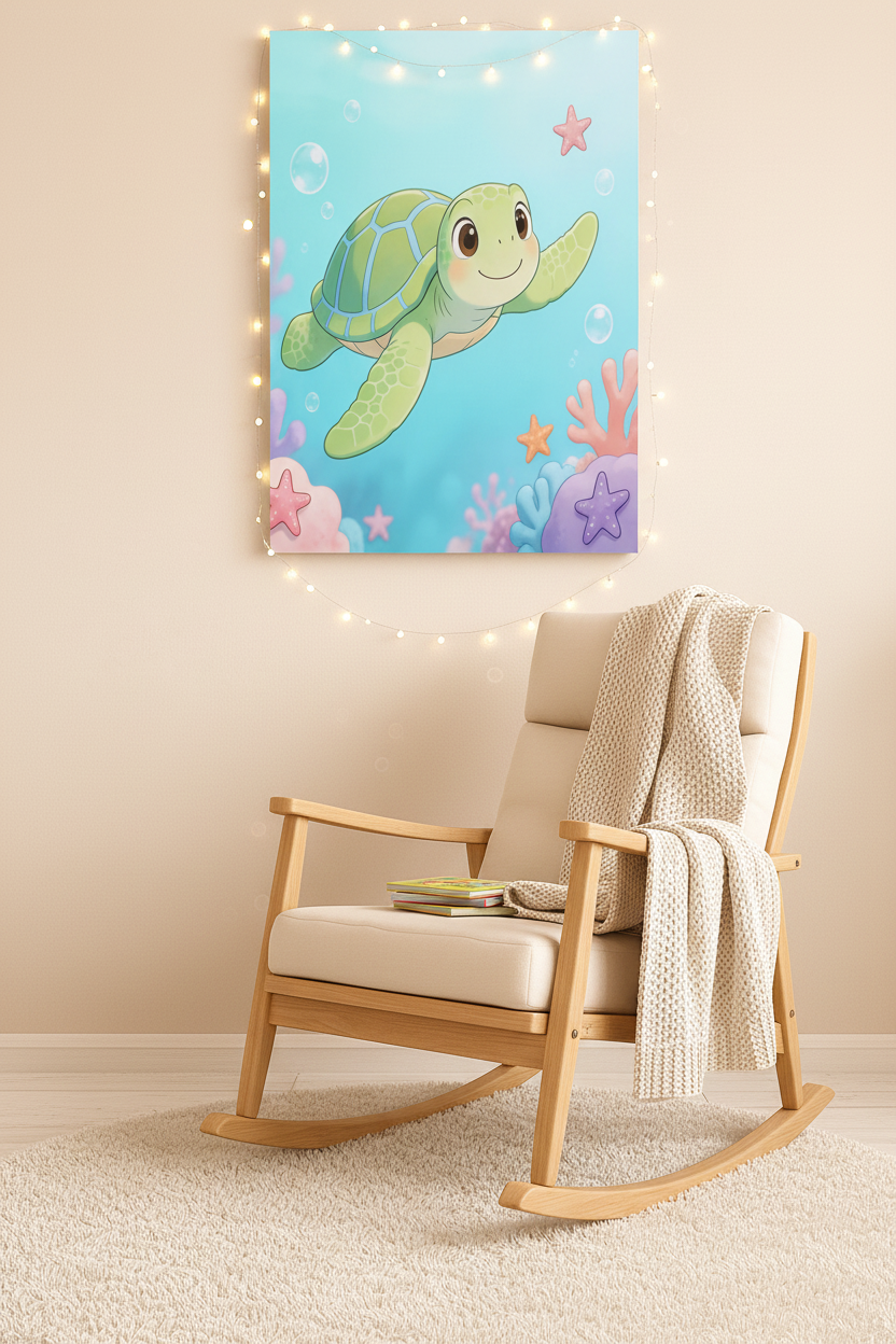 Cute baby sea turtle nursery canvas wall art above a rocking chair in a cozy nursery reading nook - Portugal Canvas Co