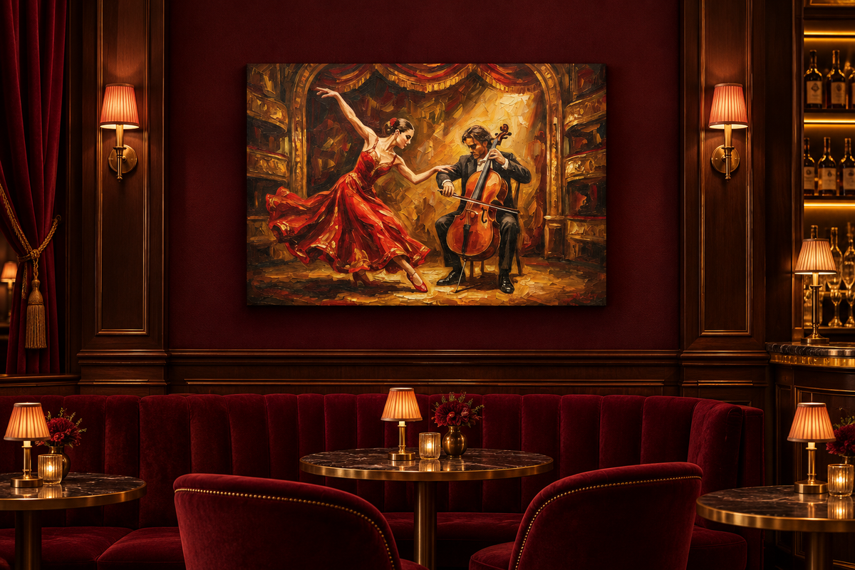 Dancer in a red dress and cellist canvas displayed in a luxury theatre cocktail bar - Portugal Canvas Co