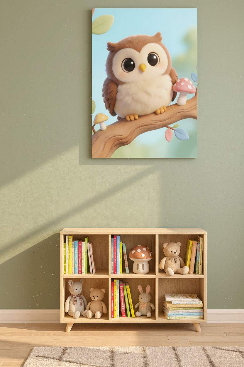 Cute baby owl nursery canvas wall art on a sage green nursery wall above a wooden bookshelf - Portugal Canvas Co