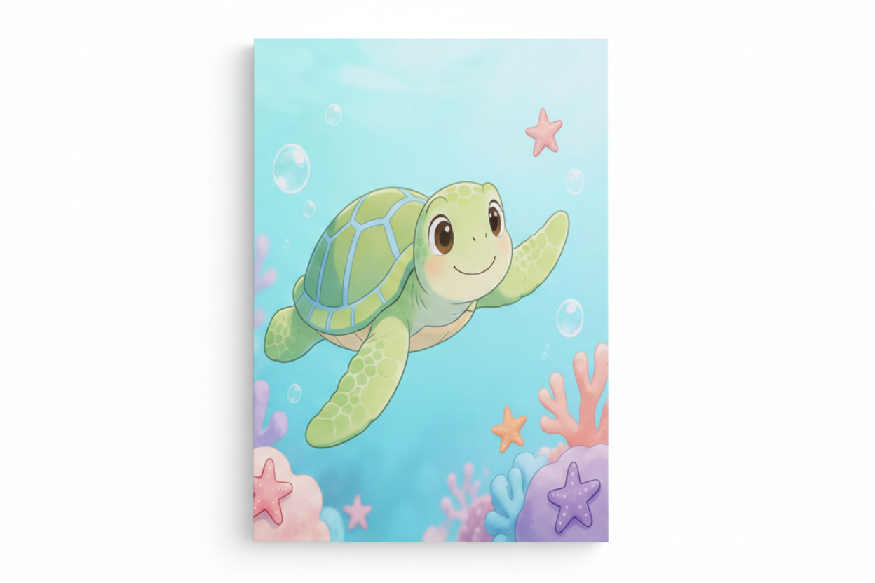 Cute baby sea turtle nursery canvas wall art flat lay on white background, overhead view, landscape format - Portugal Canvas Co