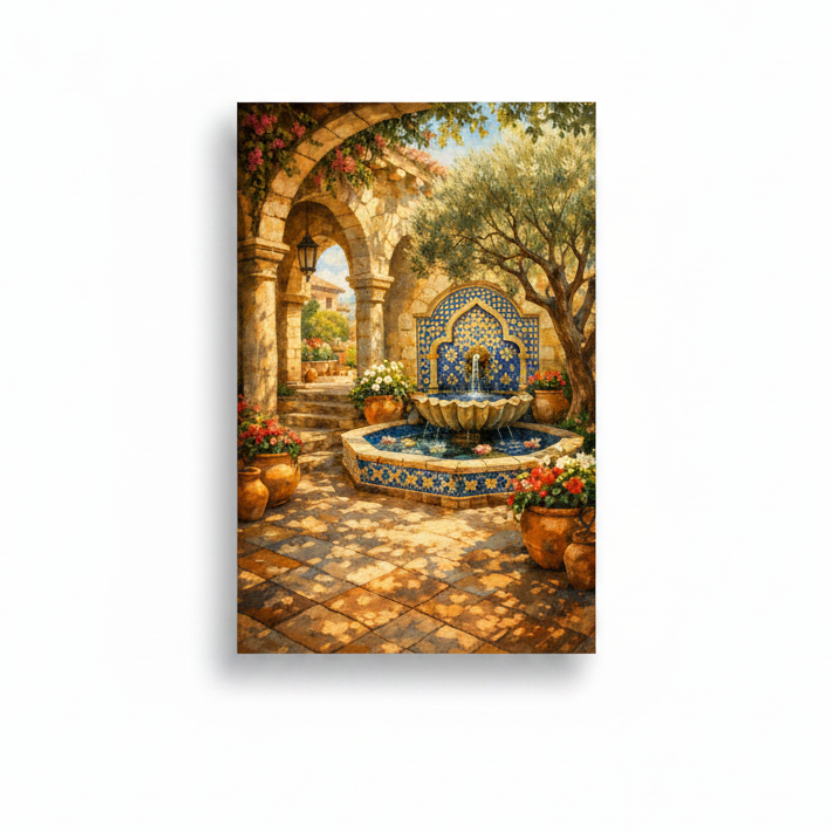 Mediterranean courtyard fountain with cobalt blue tiles, terracotta pots and red flowers canvas wall art on white background - Portugal Canvas Co