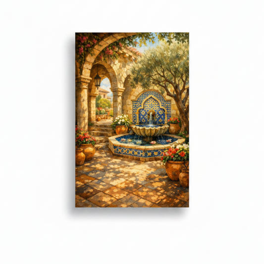 Mediterranean courtyard fountain with cobalt blue tiles, terracotta pots and red flowers canvas wall art on white background - Portugal Canvas Co