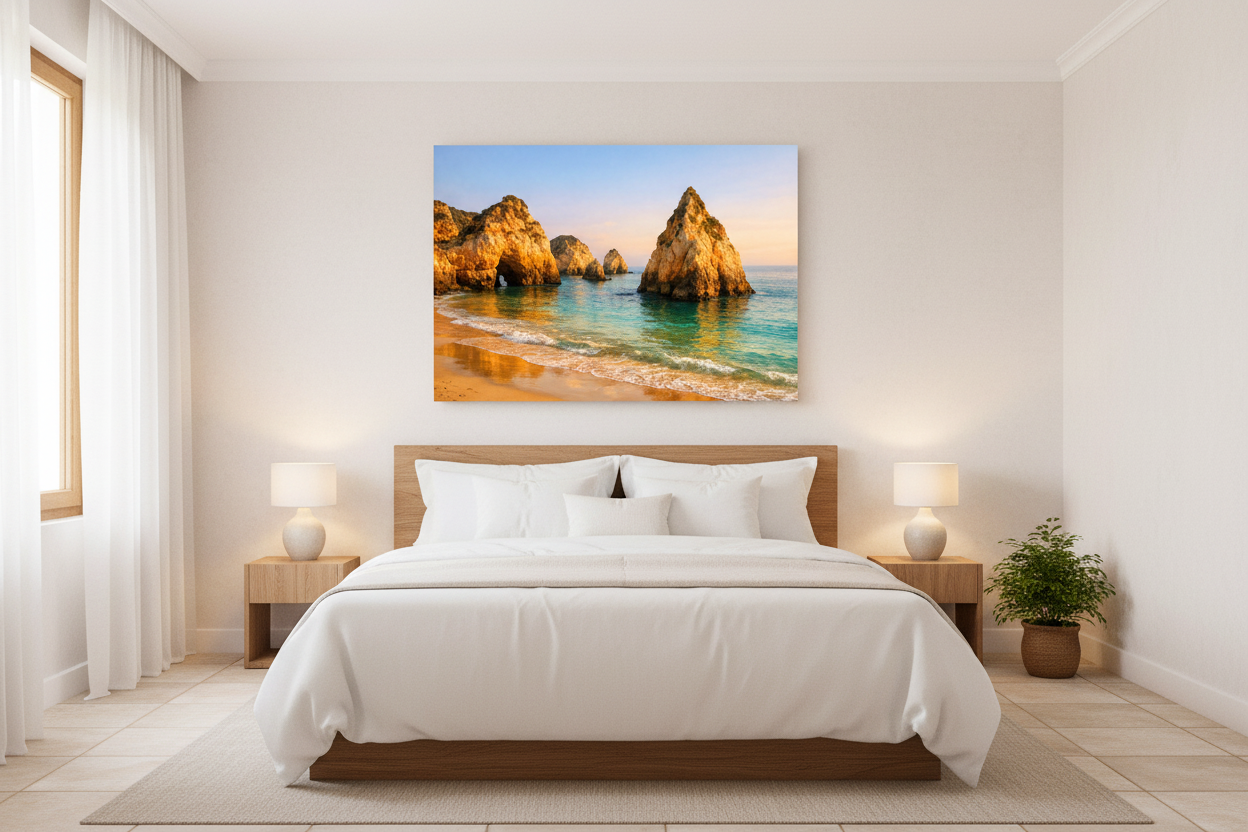 Praia dos Três Irmãos Algarve golden limestone sea stacks and stone arch with turquoise water canvas wall art displayed above a bed in a warm Mediterranean-style bedroom - Portugal Canvas Co