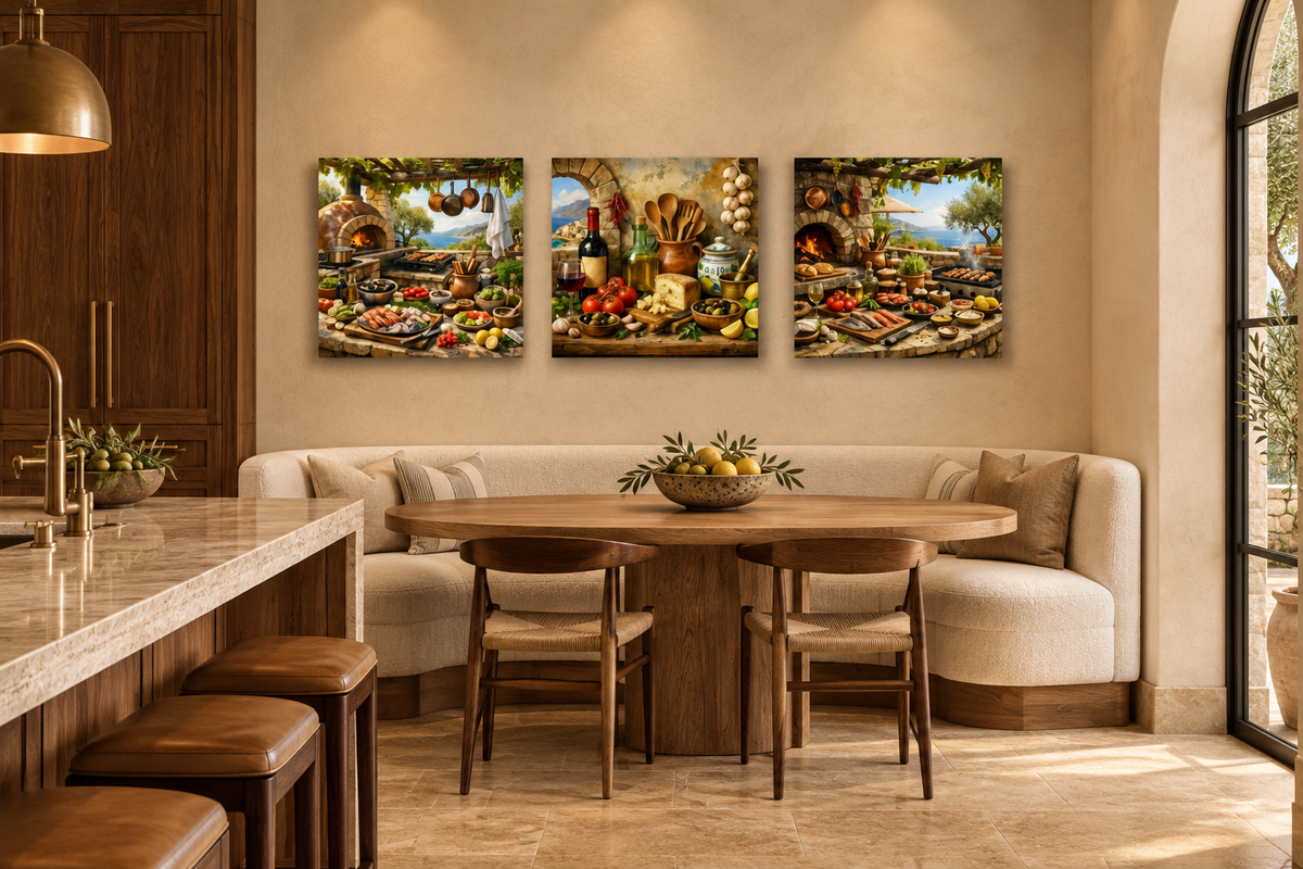 Mediterranean cooking three-square-panel canvas set displayed in a luxury villa kitchen dining nook - Portugal Canvas Co
