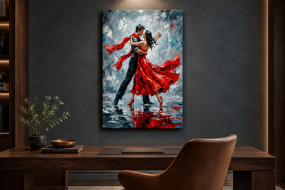 Red dress tango couple portrait canvas displayed in an elegant home office - Portugal Canvas Co