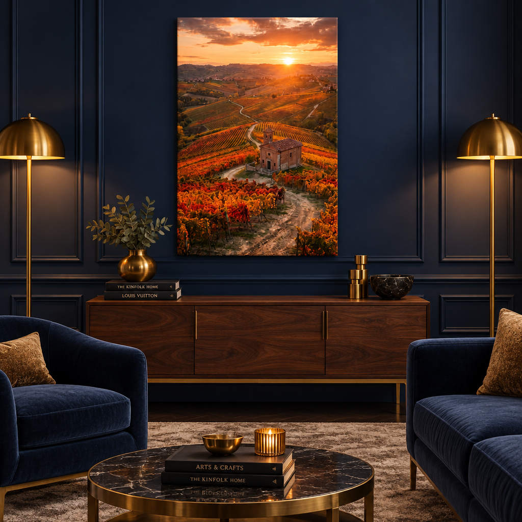 Portrait vineyard sunset canvas in a navy lounge with brass lamps - Portugal Canvas Co