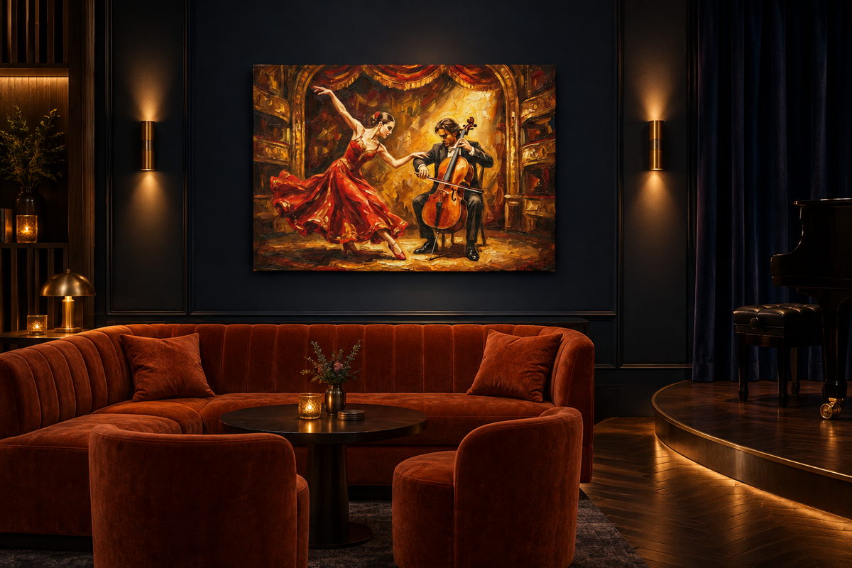 Dancer in a red dress and cellist canvas displayed in a private music club - Portugal Canvas Co