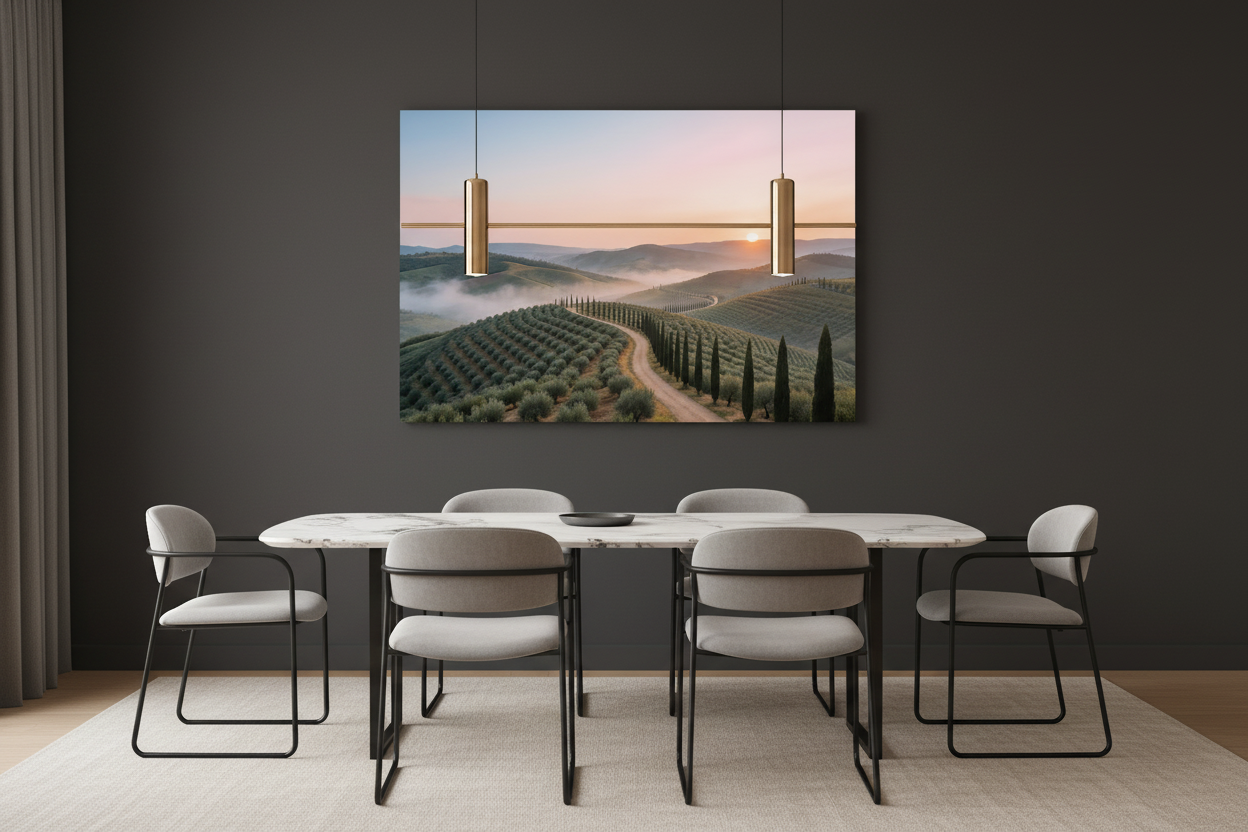 Tuscan sunrise landscape canvas wall art displayed on a dark charcoal wall above a marble dining table in a sophisticated contemporary dining room - Portugal Canvas Co