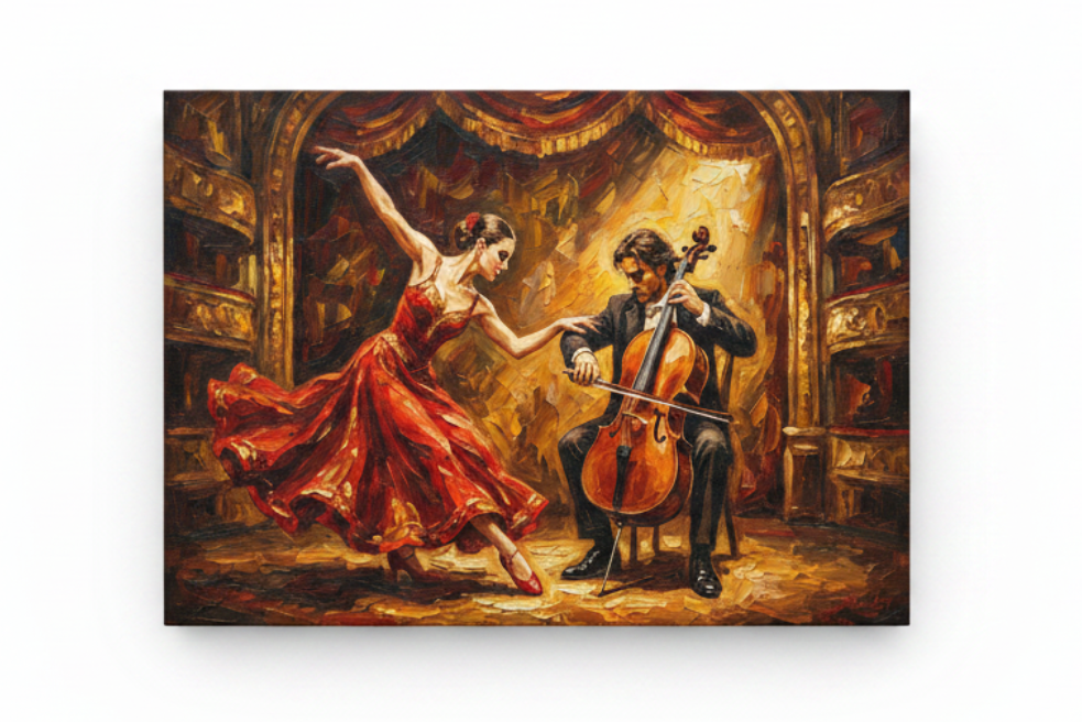 Flamenco dancer and cellist dramatic canvas wall art flat lay on white background - Portugal Canvas Co