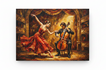 Flamenco dancer and cellist dramatic canvas wall art flat lay on white background - Portugal Canvas Co