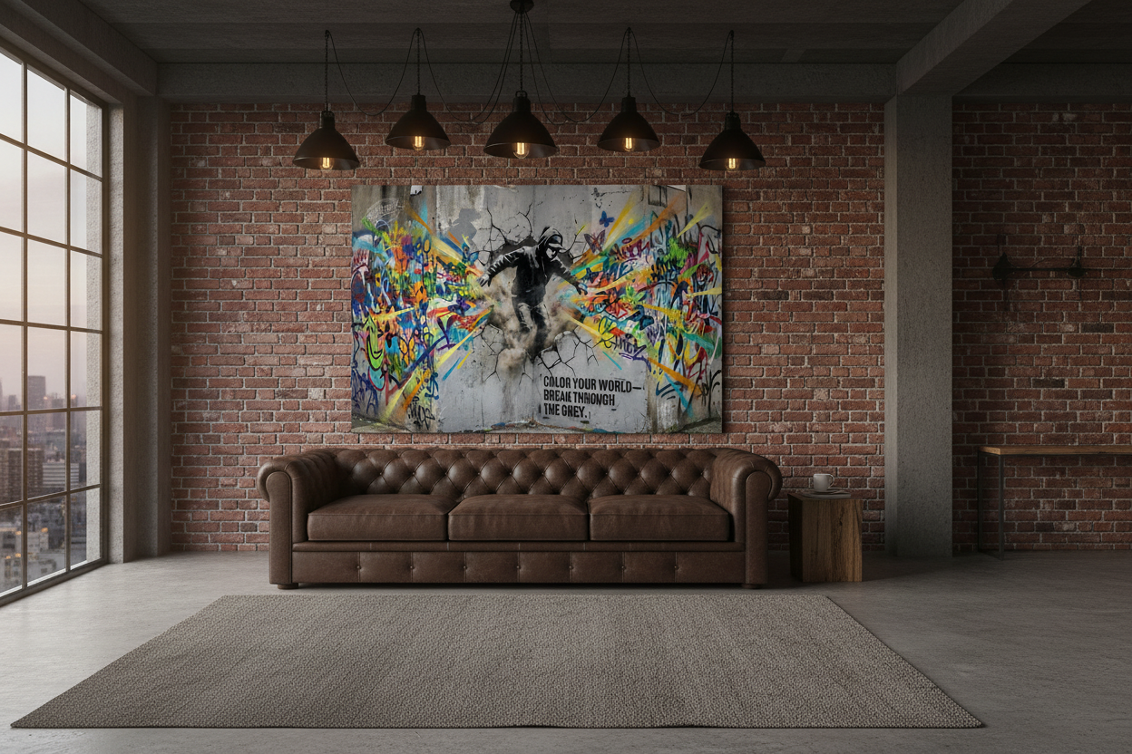 Color Your World Break Through The Grey graffiti canvas print displayed in a modern urban loft living room with exposed brick and leather sofa - Portugal Canvas Co