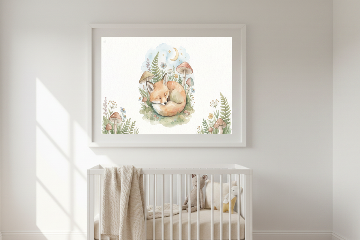Sleeping baby fox nursery canvas wall art displayed above a white crib in a Scandinavian nursery - Portugal Canvas Co