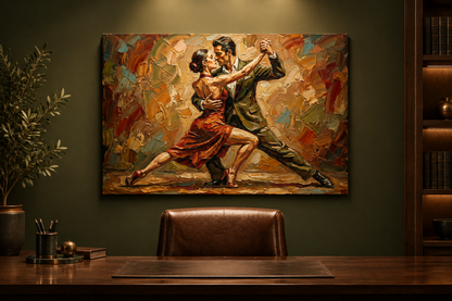 Earthy tango couple canvas displayed in a sophisticated home office - Portugal Canvas Co