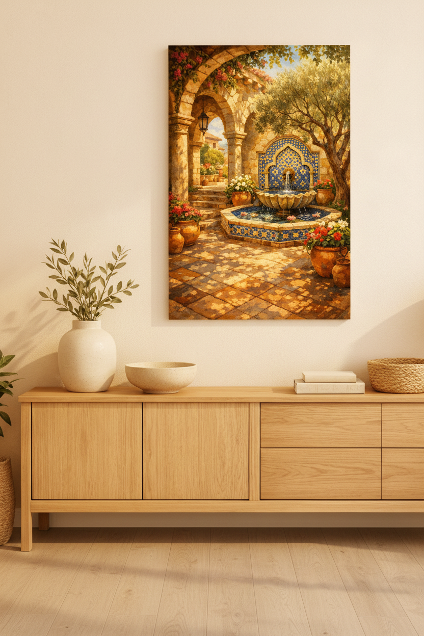 Mediterranean courtyard fountain canvas print displayed above oak sideboard in bright warm hallway with olive branches - Portugal Canvas Co