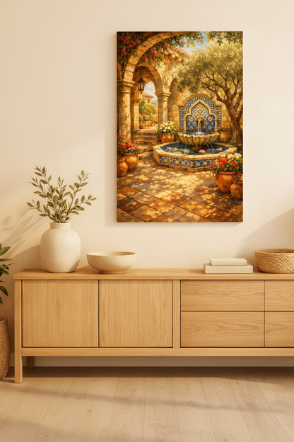 Mediterranean courtyard fountain canvas print displayed above oak sideboard in bright warm hallway with olive branches - Portugal Canvas Co