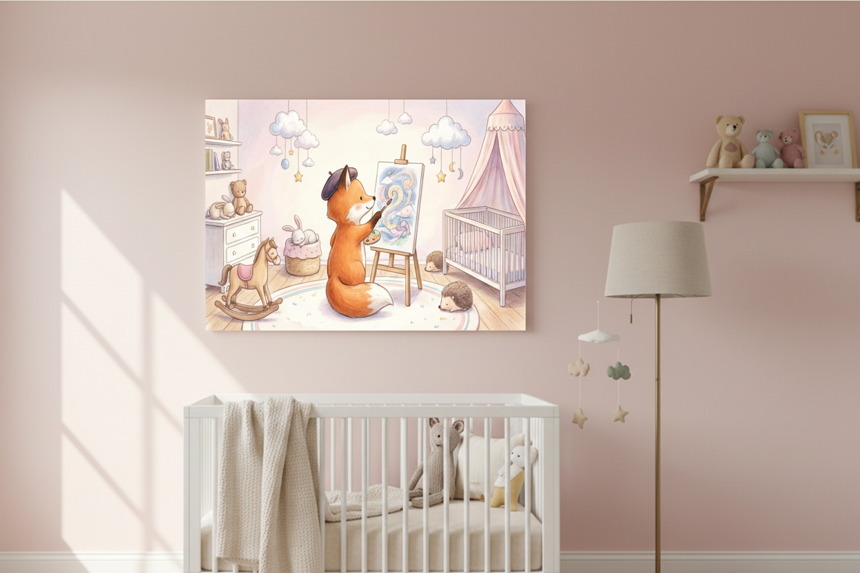Whimsical fox artist nursery canvas print displayed above white crib in pastel pink nursery - Portugal Canvas Co