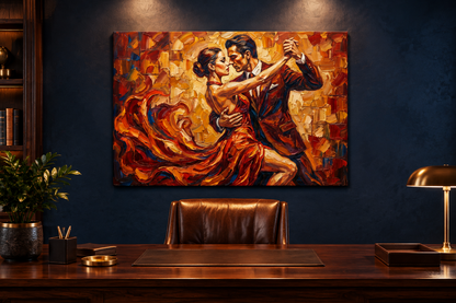 Orange and red tango couple canvas displayed in a sophisticated home office - Portugal Canvas Co