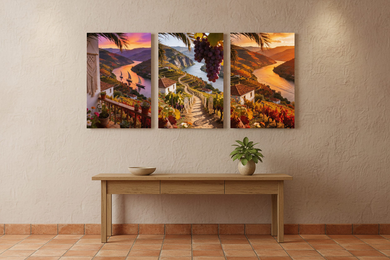 Douro Valley vineyard triptych canvas wall art set displayed in a warm rustic hallway entryway - Portugal Canvas Co