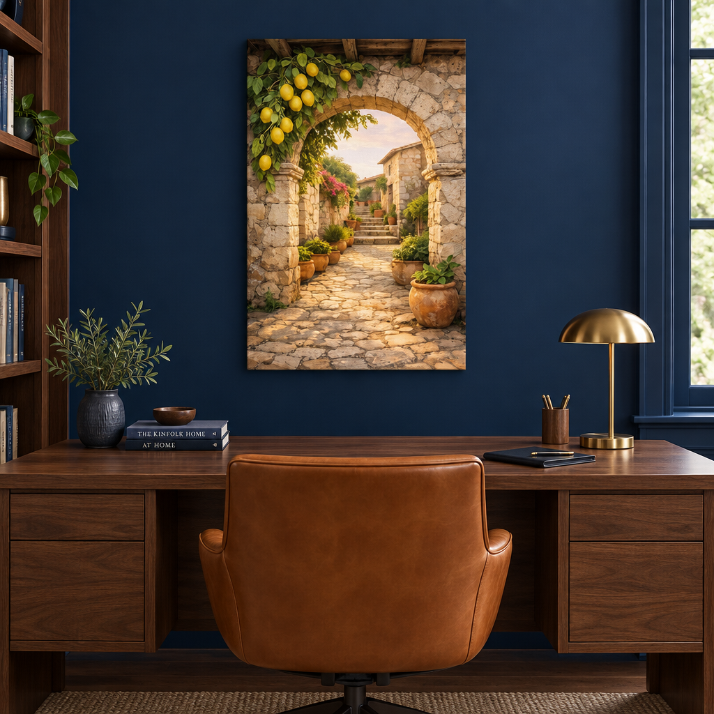 Lemon and stone archway canvas wall art in a navy blue home office - Portugal Canvas Co