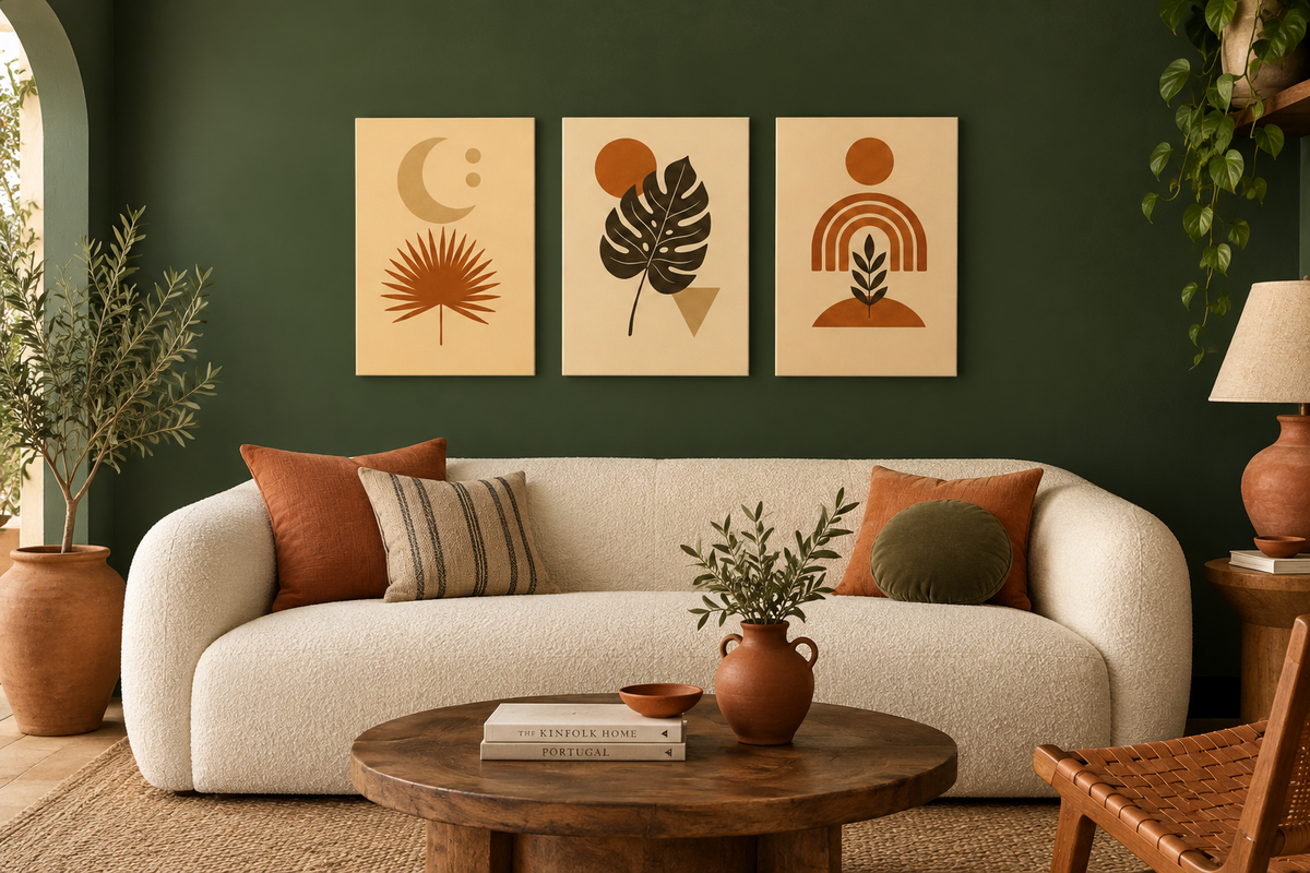 Boho botanical triptych canvas set with moon, monstera and rainbow arch in a forest green living room - Portugal Canvas Co