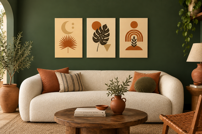 Boho botanical triptych canvas set with moon, monstera and rainbow arch in a forest green living room - Portugal Canvas Co