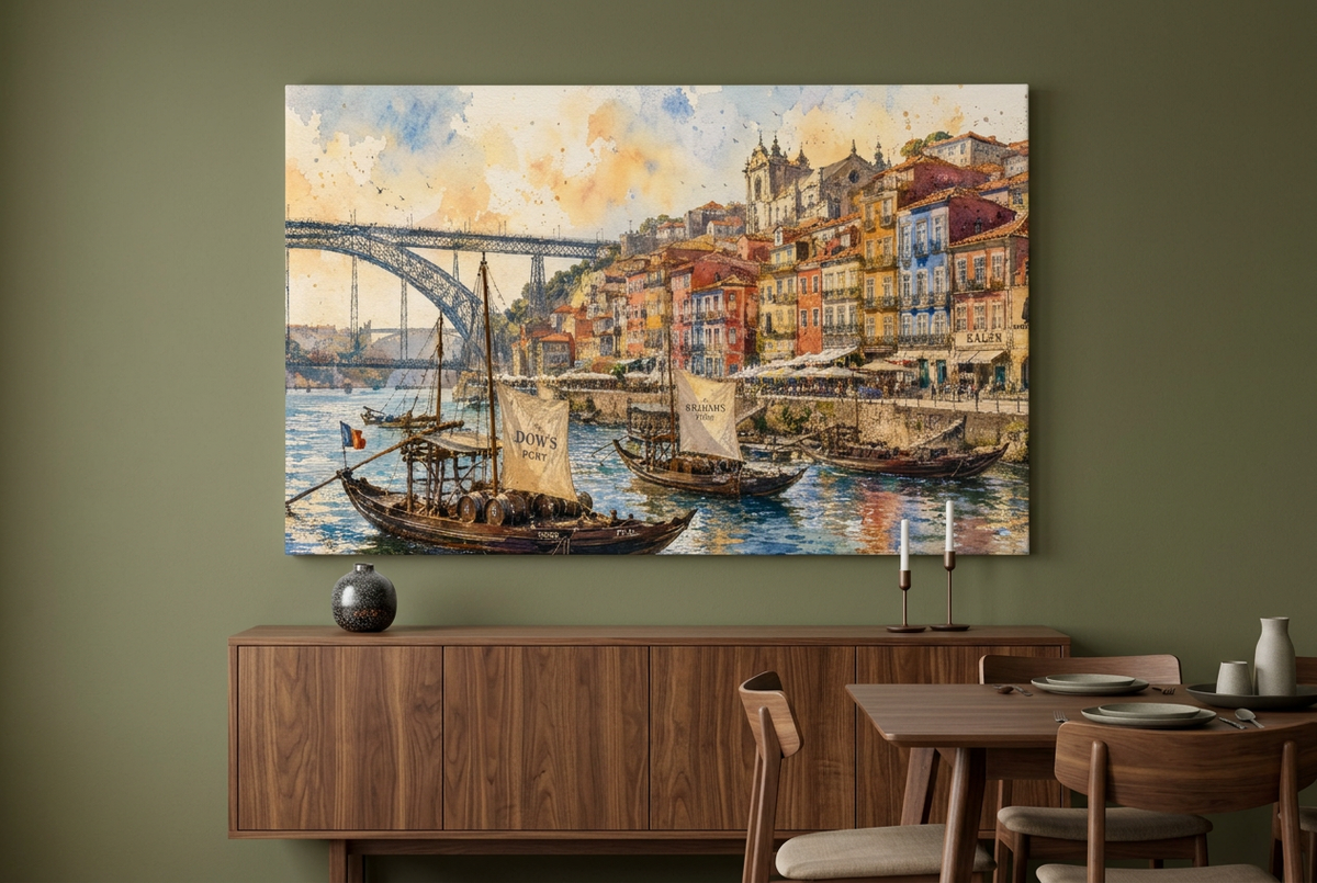 Porto Ribeira waterfront and boats canvas above a walnut sideboard in an olive dining room - Portugal Canvas Co