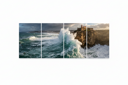 Close-up four-panel coastal lighthouse canvas wall art on a pure white background - Portugal Canvas Co
