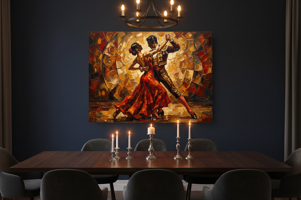 Flamenco tango couples dance canvas wall art on a dark navy wall in a moody dining room with candlelight - Portugal Canvas Co