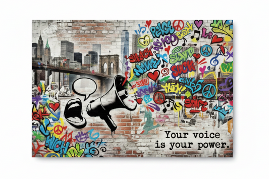 Banksy style graffiti canvas wall art of megaphone mouth over colourful graffiti brick wall with Brooklyn Bridge and text your voice is your power flat lay on white background - Portugal Canvas Co