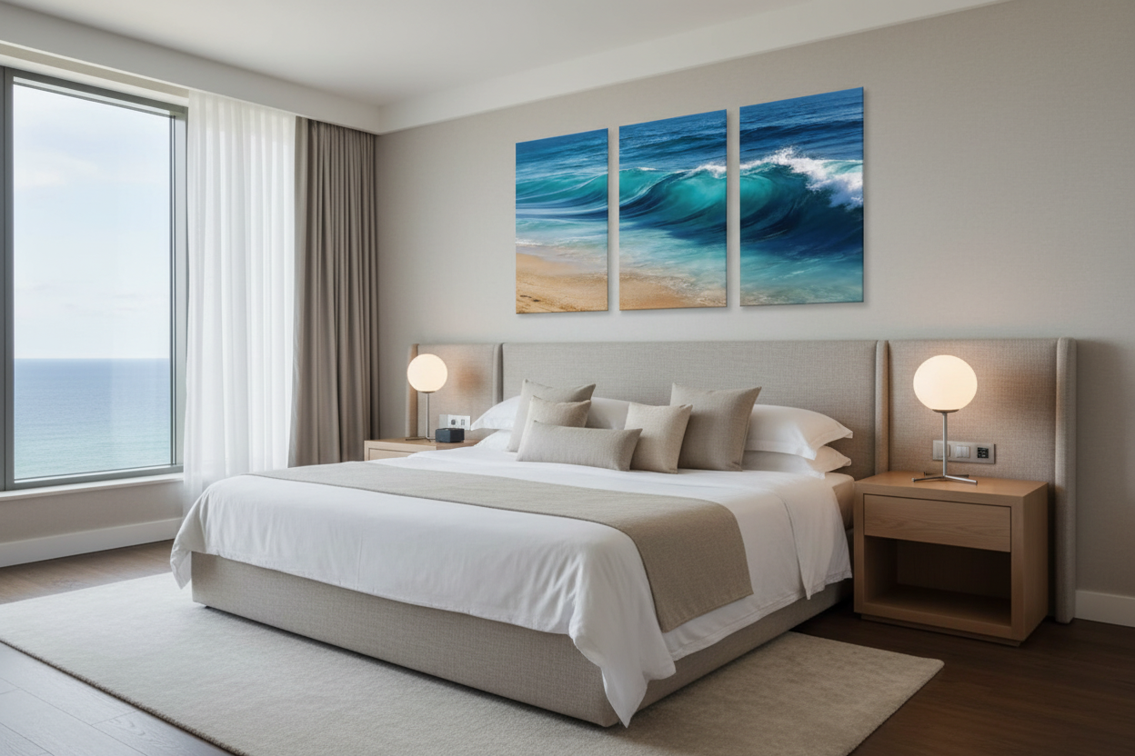Ocean wave triptych canvas wall art displayed above the bed in a luxury hotel suite with neutral coastal decor - Portugal Canvas Co