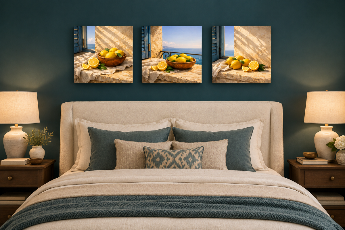 Mediterranean Lemon Window Trio canvas set displayed in a teal bedroom - Portugal Canvas Co