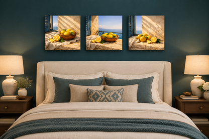 Mediterranean Lemon Window Trio canvas set displayed in a teal bedroom - Portugal Canvas Co