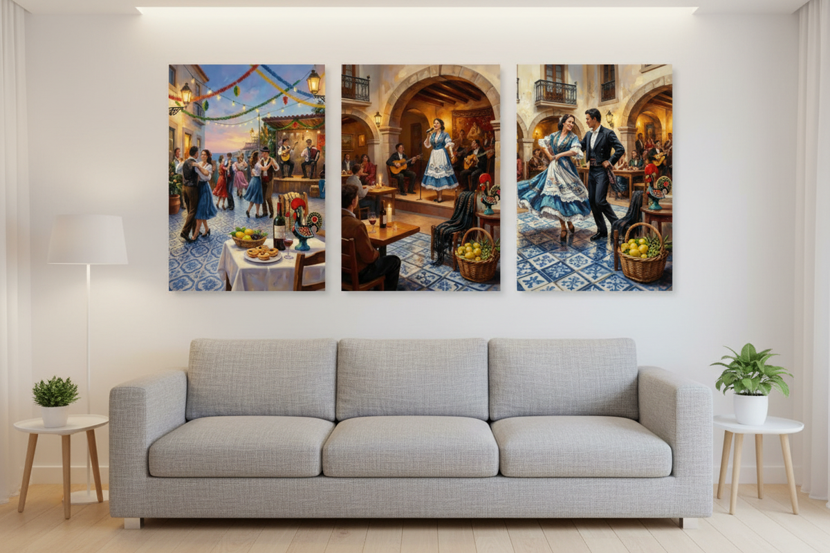 Portuguese folk festival triptych canvas wall art displayed above a modern grey linen sofa in a bright Scandinavian-style living room - Portugal Canvas Co