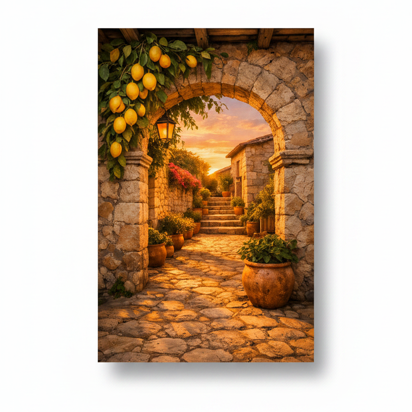 Lemon archway at golden sunset with stone arch and terracotta pots canvas wall art on white background - Portugal Canvas Co