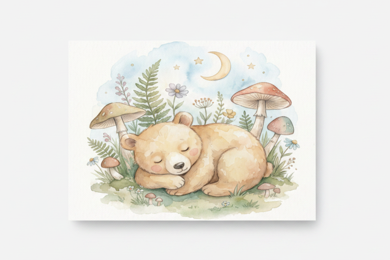 Sleeping baby bear nursery canvas wall art flat lay on white background, overhead view - Portugal Canvas Co