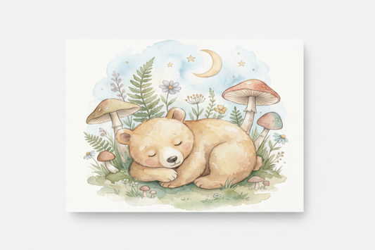 Sleeping baby bear nursery canvas wall art flat lay on white background, overhead view - Portugal Canvas Co