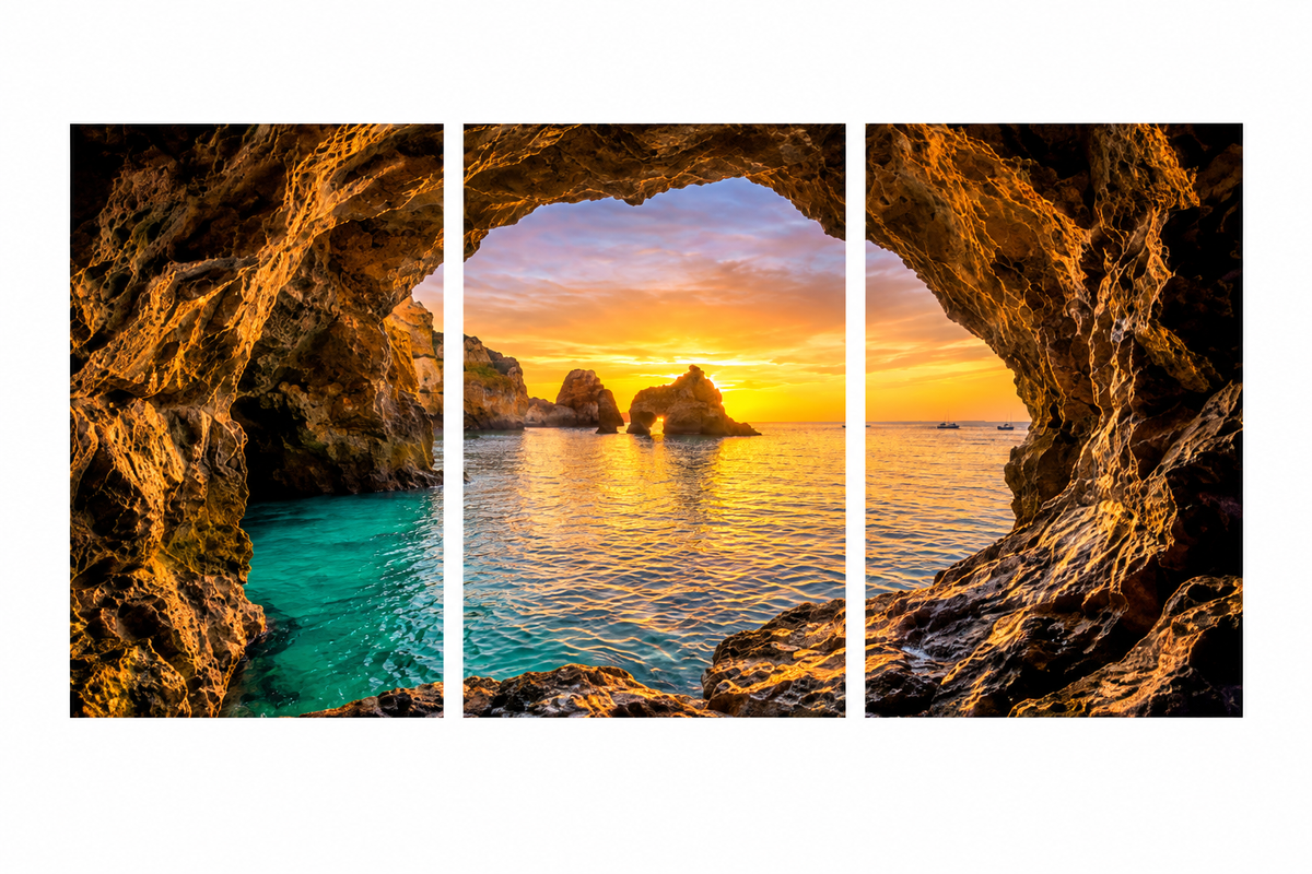 Algarve cave sunset three-panel canvas artwork displayed flat on pure white in a landscape 3:2 image - Portugal Canvas Co