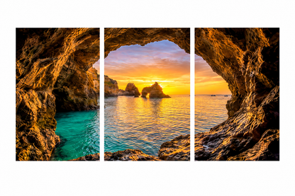 Algarve cave sunset three-panel canvas artwork displayed flat on pure white in a landscape 3:2 image - Portugal Canvas Co