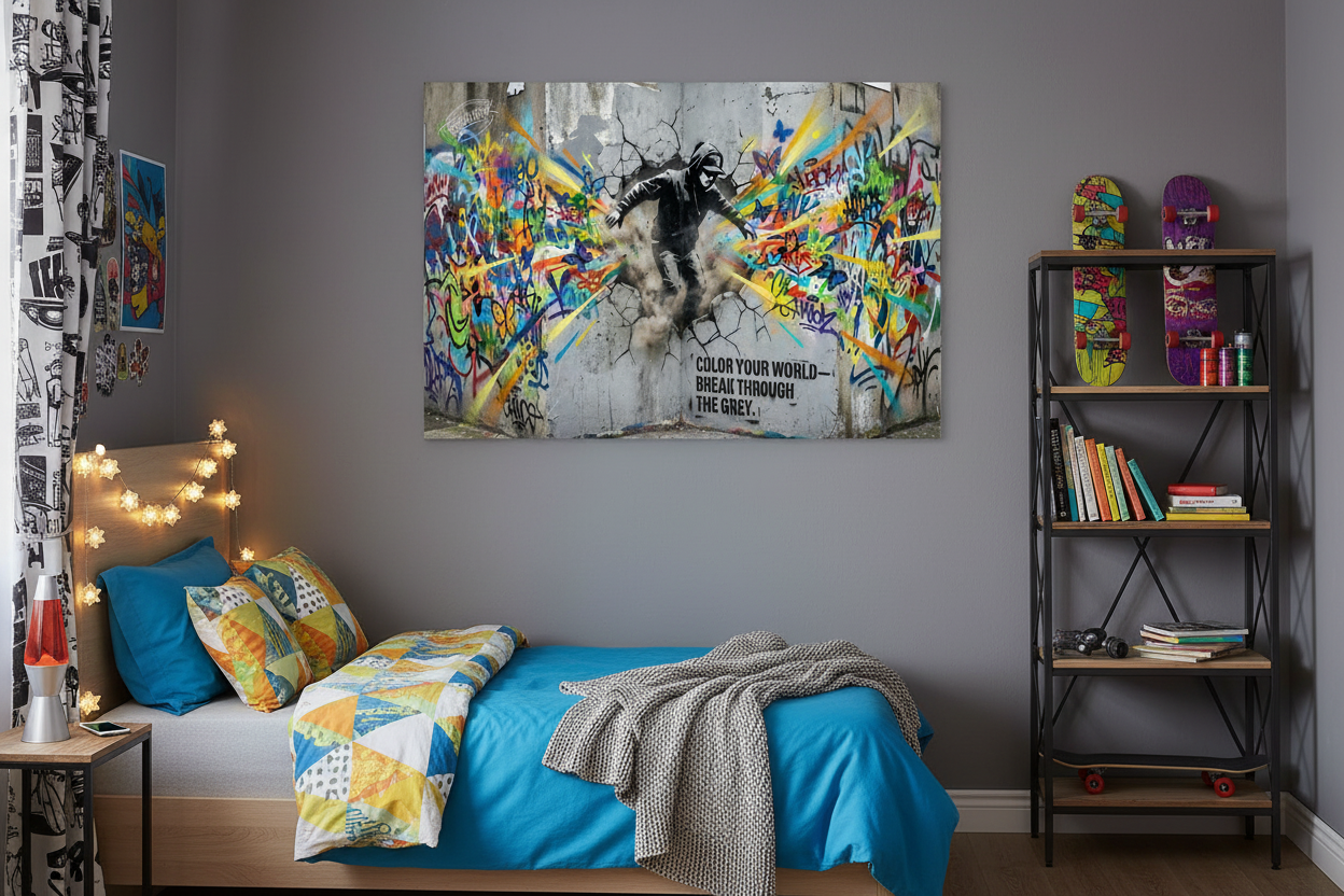 Color Your World Break Through The Grey graffiti canvas print displayed in a vibrant urban bedroom with string lights and colourful decor - Portugal Canvas Co