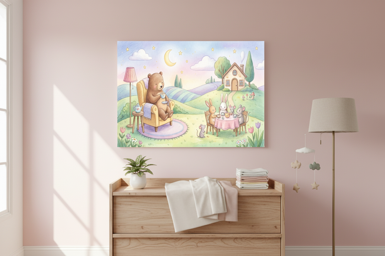 Whimsical woodland tea party nursery canvas wall art on a pastel pink nursery wall above a changing table - Portugal Canvas Co