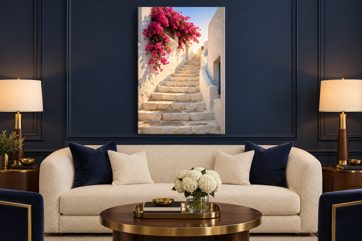Greek staircase with pink bougainvillea canvas displayed in a navy living room - Portugal Canvas Co