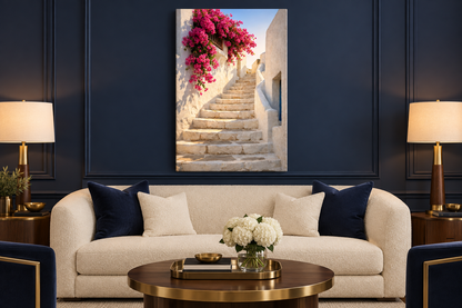 Greek staircase with pink bougainvillea canvas displayed in a navy living room - Portugal Canvas Co