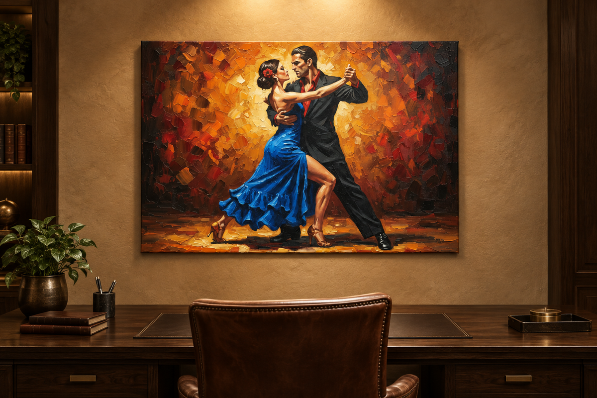 Blue dress tango couple canvas displayed in an elegant home office - Portugal Canvas Co